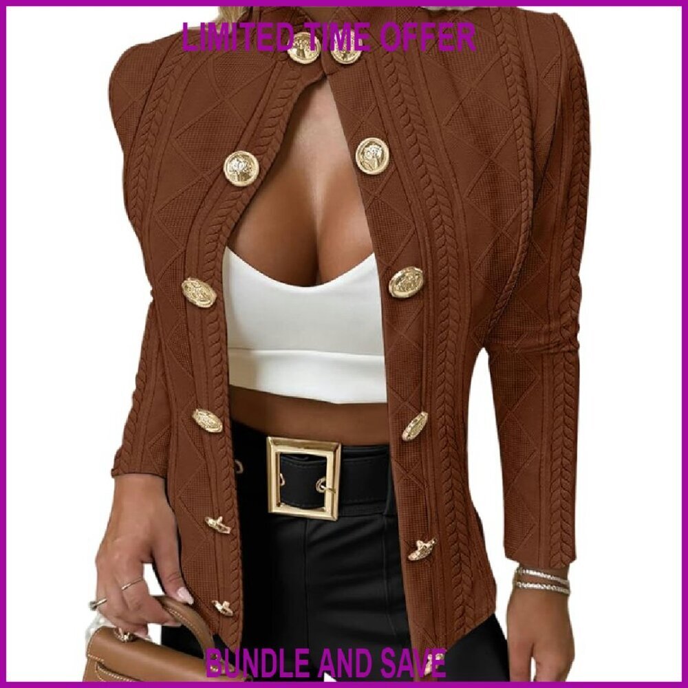 Argyle Cable Cardigan Lightweight Cropped Jacket Stand Collar Metal Buttons